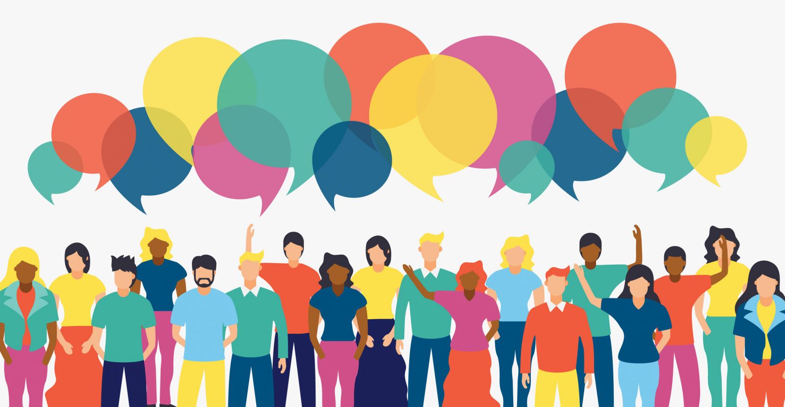 Illustration of crowd with speech bubbles above heads banner image