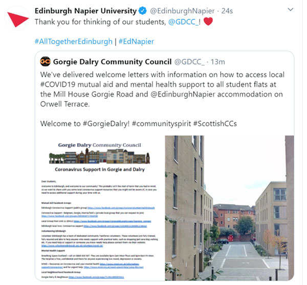 Tweet from Edinburgh Napier University. Credit: GDCC/Twitter