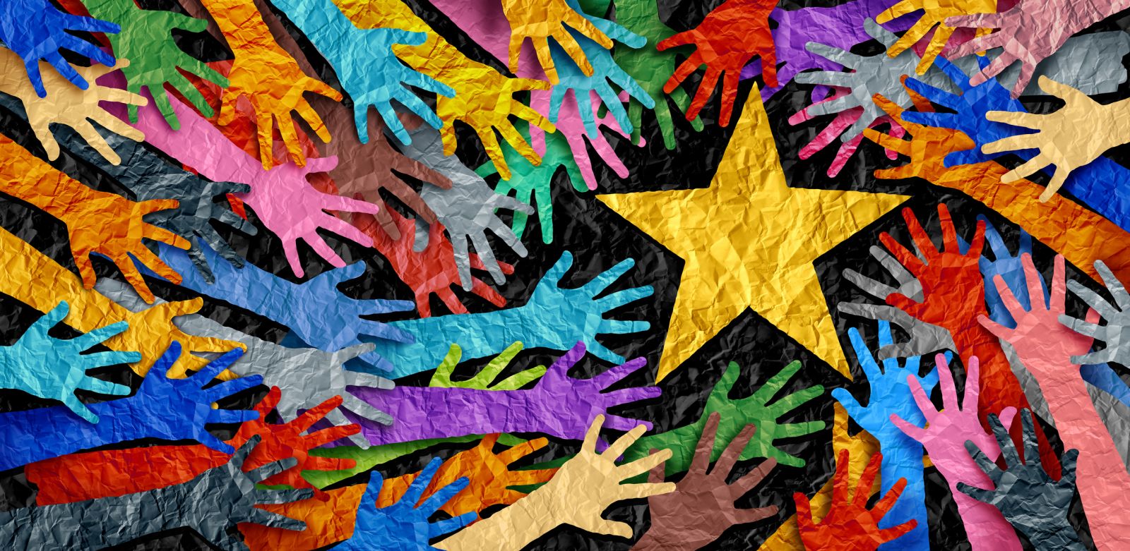 Hands reaching towards a gold star banner image