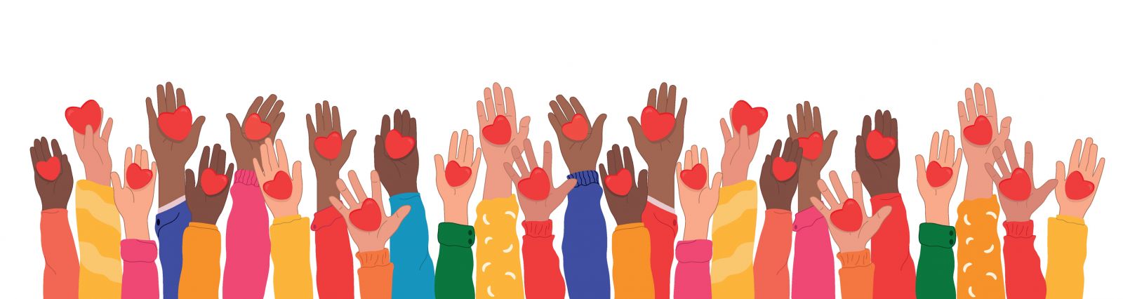 Illustration of group of raised hands with hearts in the palms banner image