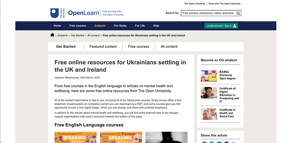 Open University resources for Ukrainians